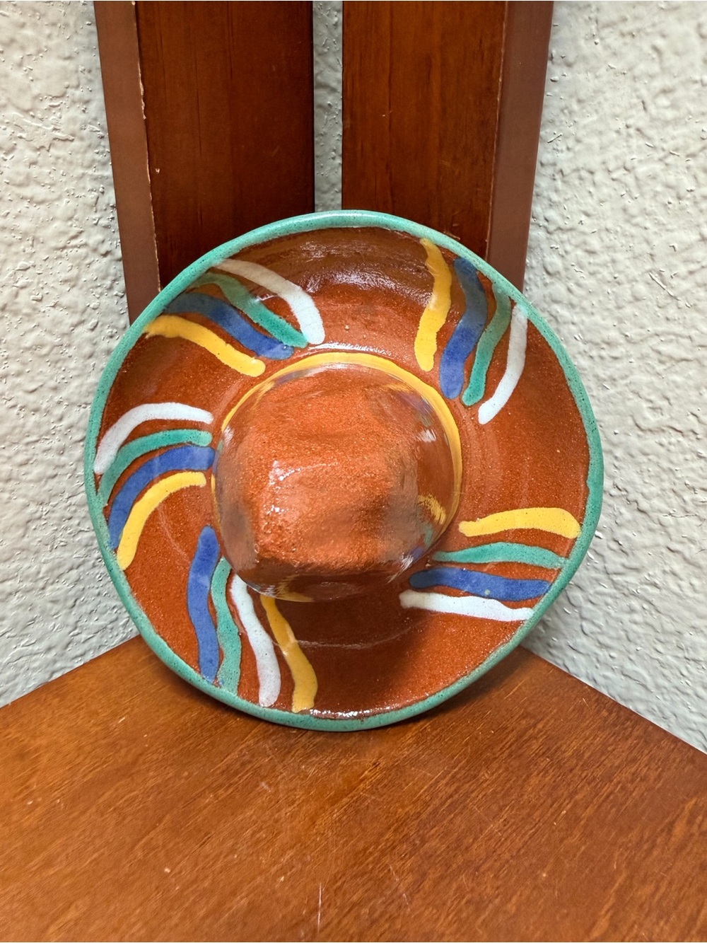 Vintage hand-painted terracotta ceramic sombrero dish..
